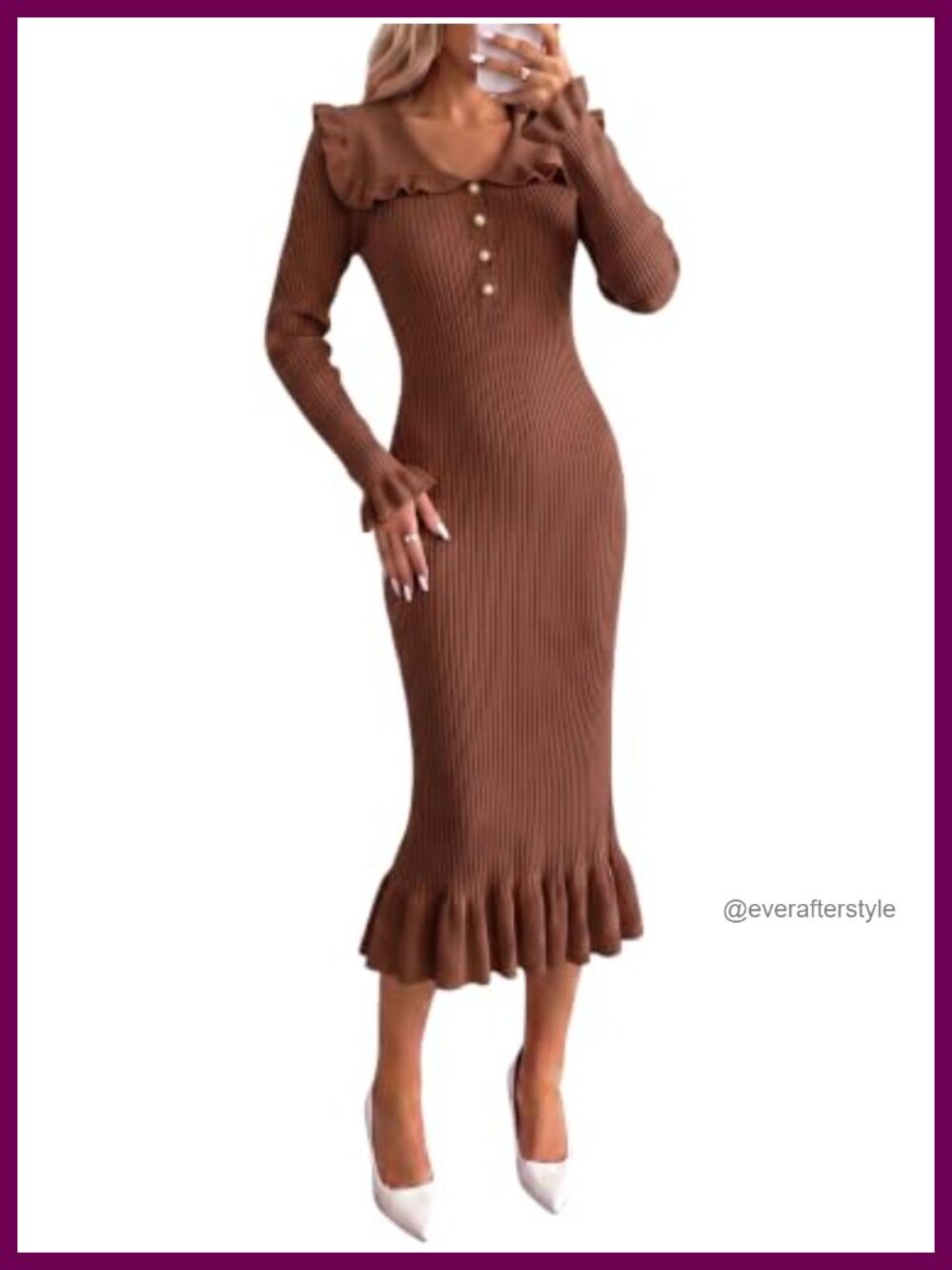 Ribbed Knit Midi Sweater Dress Button Ruffle Peter Pan Collar Long Sleeve